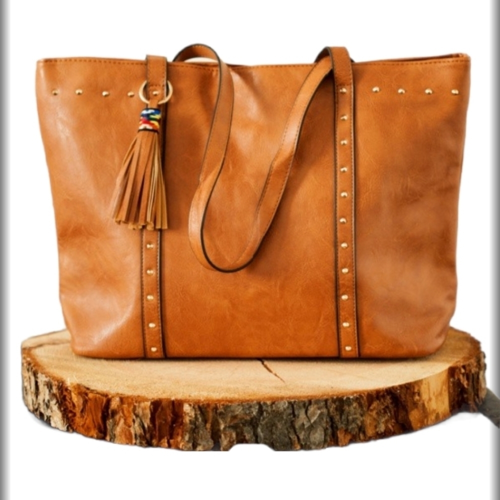 Camel Vegan Leather Tote Handbag NWT